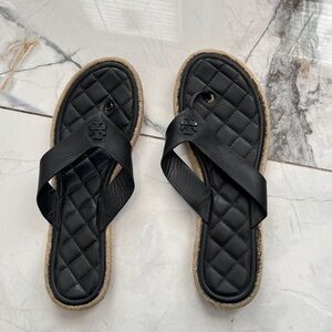 Tory Burch Quilted Espadrille Thong Sandal Black Leather Size 10.5